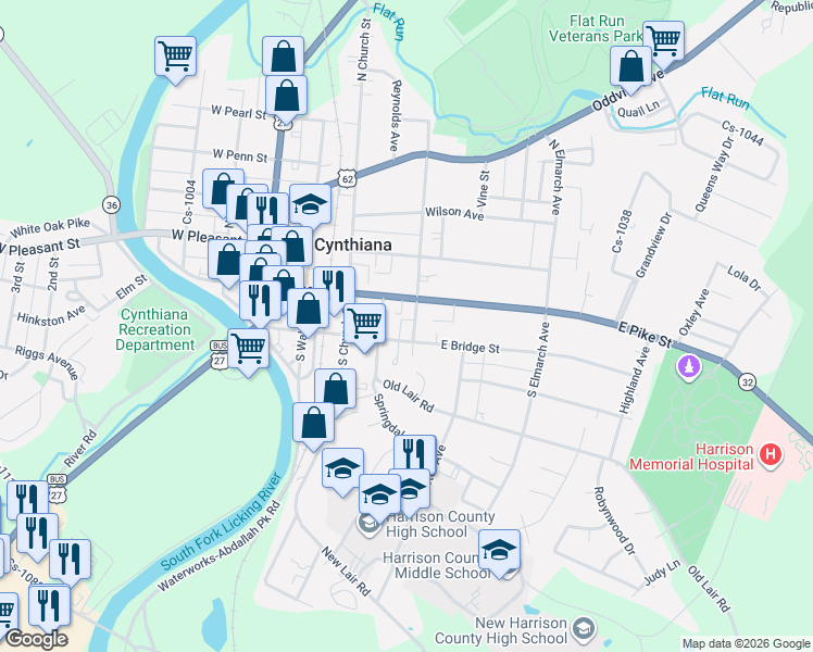map of restaurants, bars, coffee shops, grocery stores, and more near 106 Clifton Road in Cynthiana