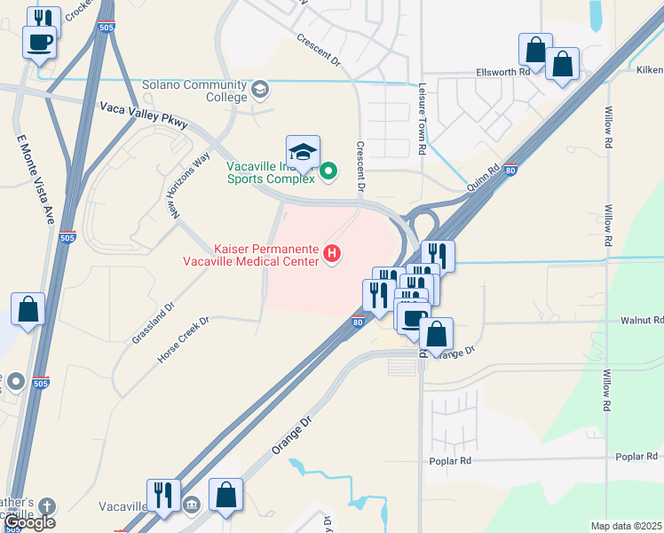 map of restaurants, bars, coffee shops, grocery stores, and more near 1 Quality Drive in Vacaville