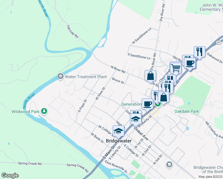 map of restaurants, bars, coffee shops, grocery stores, and more near 310 North May Court in Bridgewater