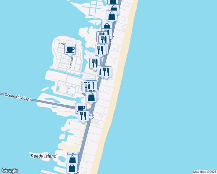 map of restaurants, bars, coffee shops, grocery stores, and more near 3 66th Street in Ocean City