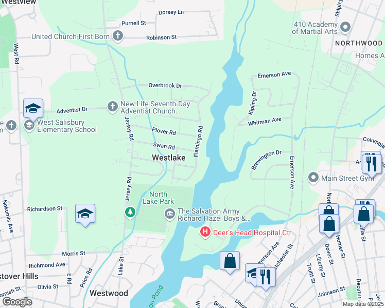 map of restaurants, bars, coffee shops, grocery stores, and more near 400 Swan Road in Salisbury