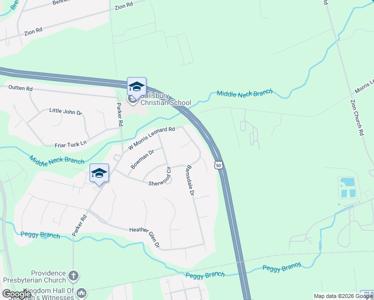 map of restaurants, bars, coffee shops, grocery stores, and more near 804 Brookmeade Court in Salisbury