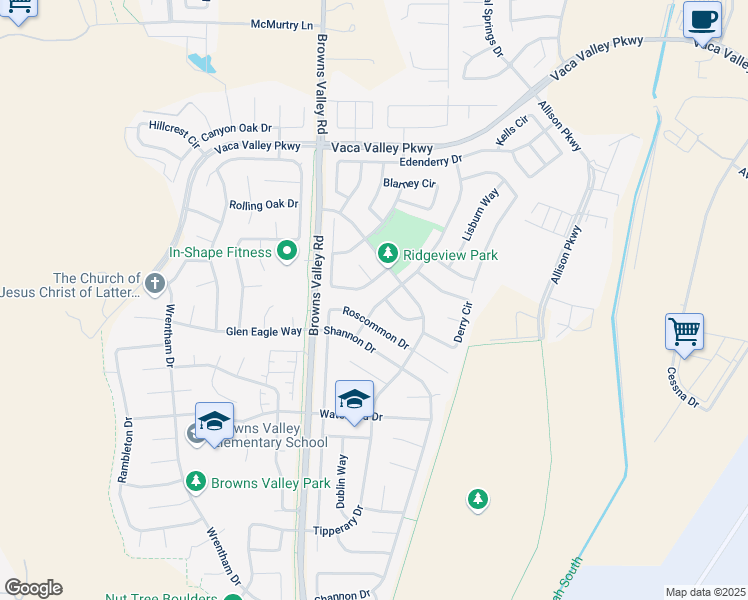 map of restaurants, bars, coffee shops, grocery stores, and more near 754 Clifton Way in Vacaville