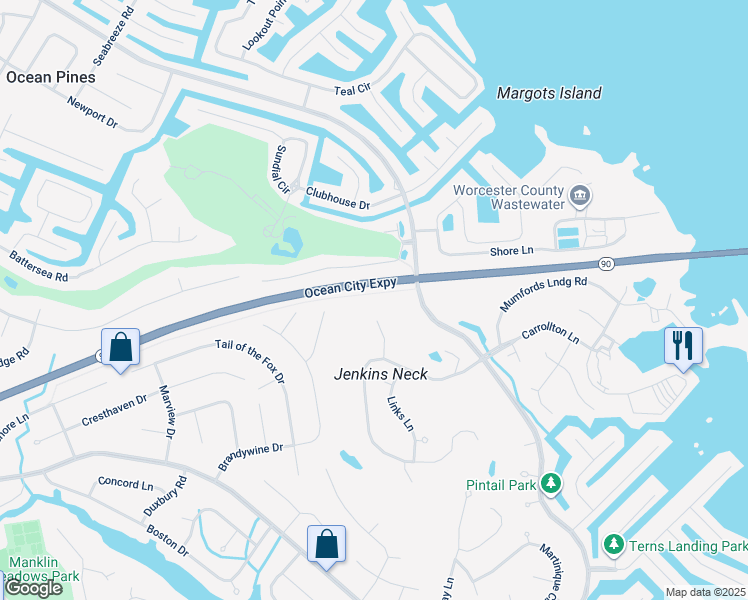 map of restaurants, bars, coffee shops, grocery stores, and more near 13 Dog Leg Court in Ocean Pines
