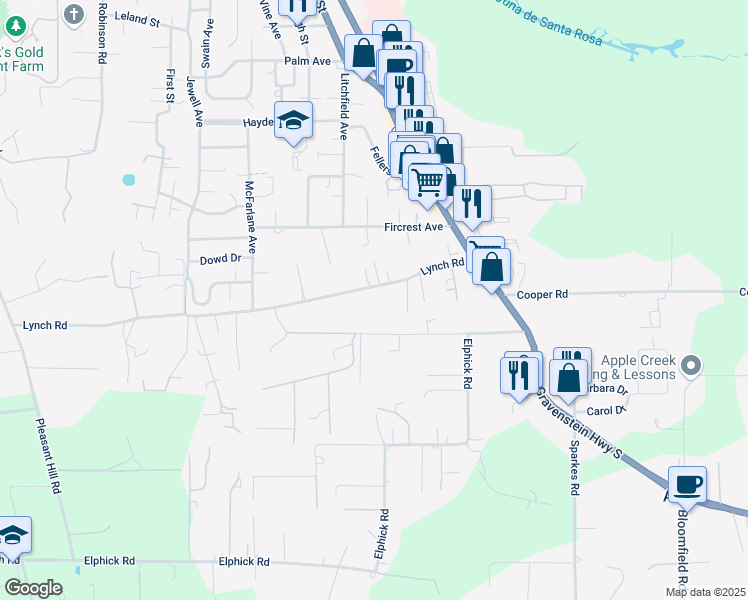 map of restaurants, bars, coffee shops, grocery stores, and more near 7219 Lynch Road in Sebastopol