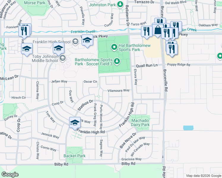 map of restaurants, bars, coffee shops, grocery stores, and more near 6713 Vilamoura Way in Elk Grove