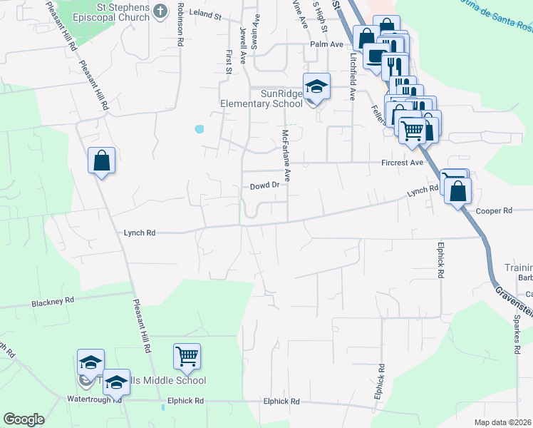 map of restaurants, bars, coffee shops, grocery stores, and more near 1195 Hawthorne Court in Sebastopol