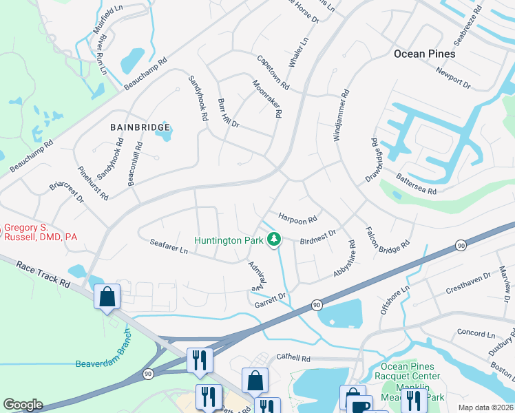 map of restaurants, bars, coffee shops, grocery stores, and more near 9 Harpoon Road in Ocean Pines