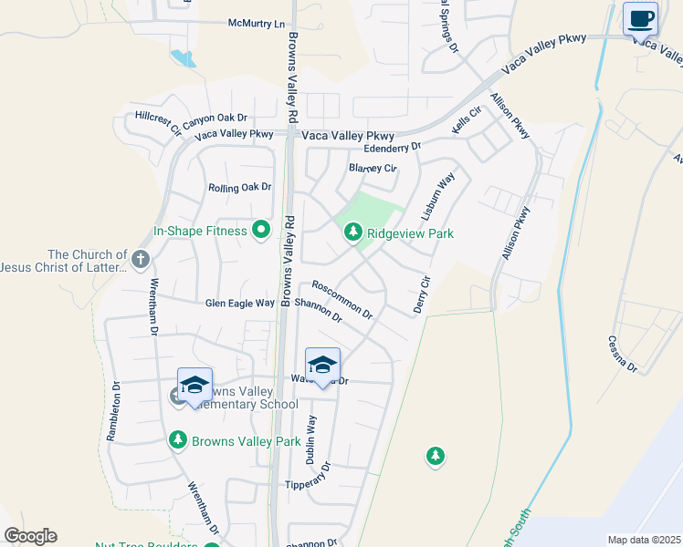 map of restaurants, bars, coffee shops, grocery stores, and more near 754 Clifton Way in Vacaville