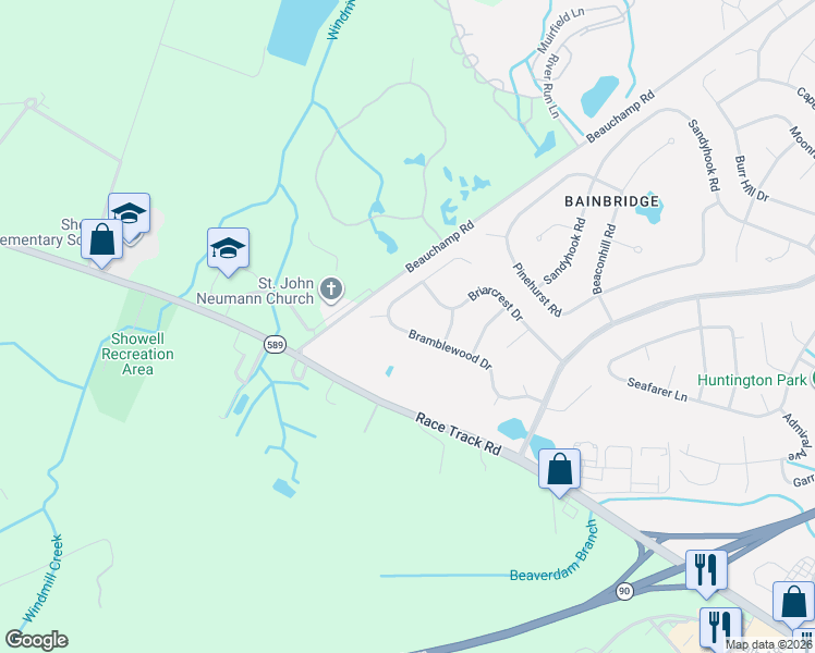 map of restaurants, bars, coffee shops, grocery stores, and more near 58 Bramblewood Drive in Ocean Pines