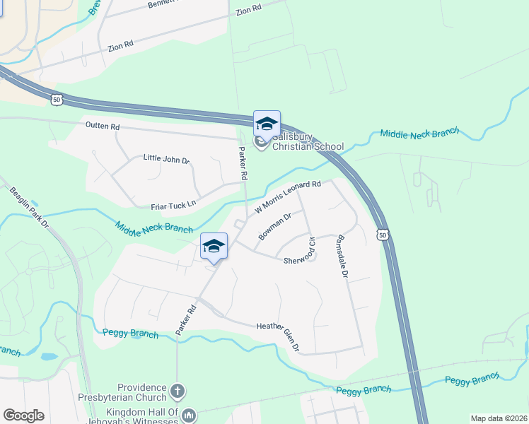 map of restaurants, bars, coffee shops, grocery stores, and more near 703 West Morris Leonard Road in Salisbury
