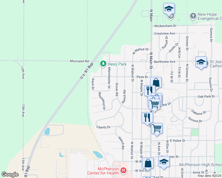 map of restaurants, bars, coffee shops, grocery stores, and more near 1478 Manchester Street in McPherson
