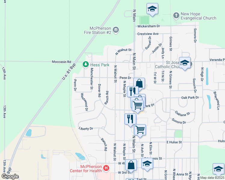 map of restaurants, bars, coffee shops, grocery stores, and more near 1457 North Walnut Street in McPherson
