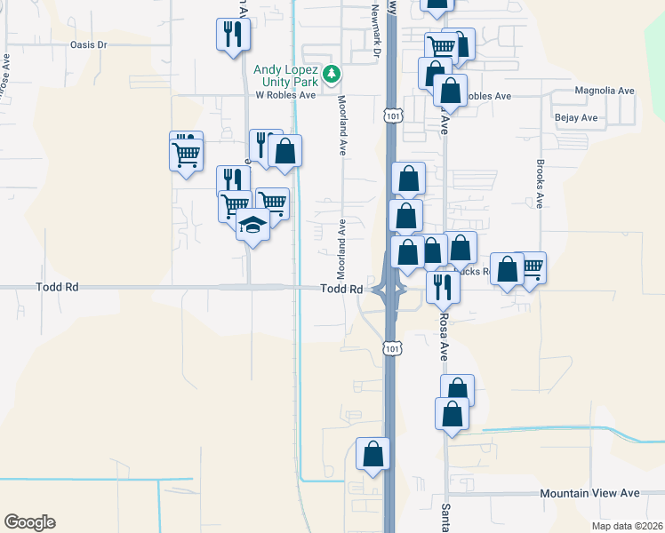 map of restaurants, bars, coffee shops, grocery stores, and more near 3669 Moorland Avenue in Santa Rosa