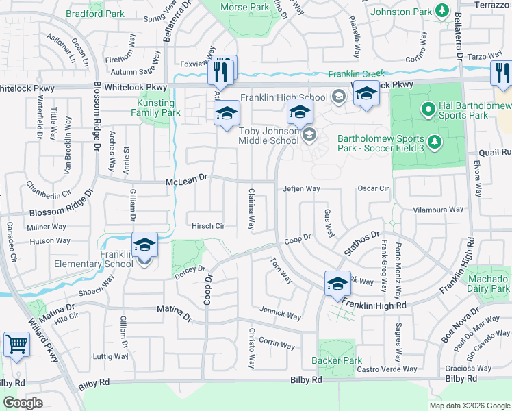 map of restaurants, bars, coffee shops, grocery stores, and more near 10129 Clairina Way in Elk Grove