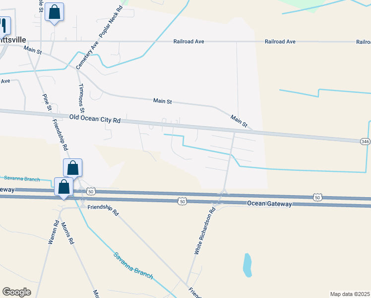 map of restaurants, bars, coffee shops, grocery stores, and more near Chatham Manor Way in Pittsville