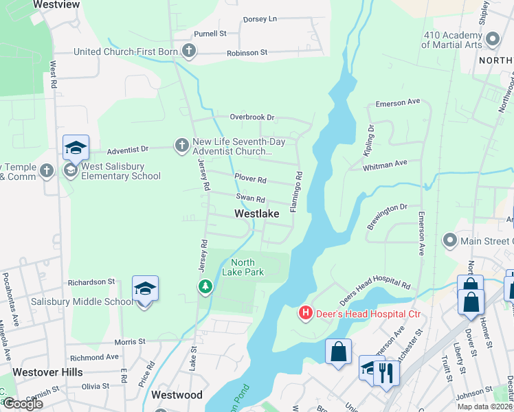 map of restaurants, bars, coffee shops, grocery stores, and more near 502 Swan Road in Salisbury
