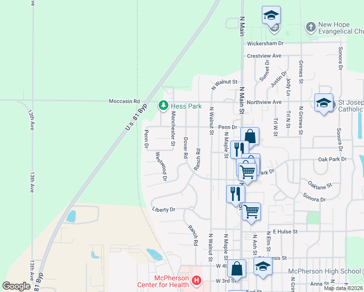 map of restaurants, bars, coffee shops, grocery stores, and more near 1478 Manchester St in McPherson