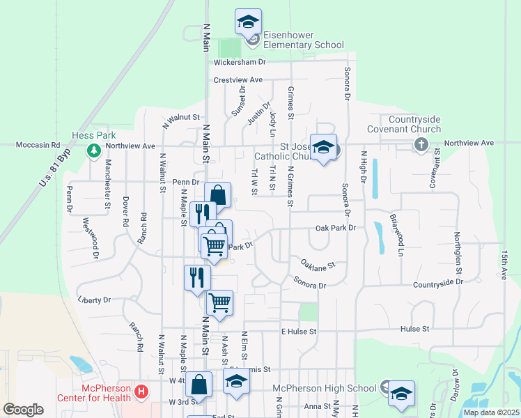 map of restaurants, bars, coffee shops, grocery stores, and more near 1423 Garden Lane in McPherson