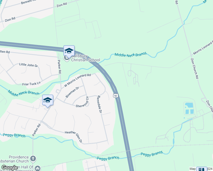 map of restaurants, bars, coffee shops, grocery stores, and more near 617 Barnsdale Drive in Salisbury