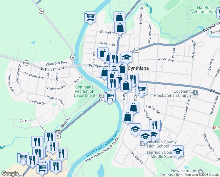 map of restaurants, bars, coffee shops, grocery stores, and more near 211 South Poplar Street in Cynthiana