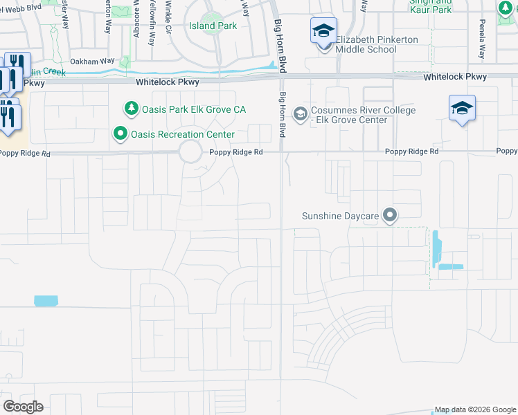 map of restaurants, bars, coffee shops, grocery stores, and more near Big Horn Boulevard in Elk Grove