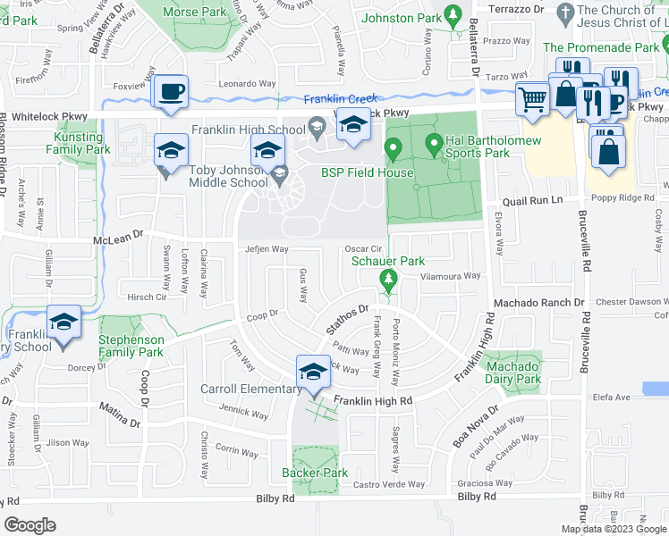map of restaurants, bars, coffee shops, grocery stores, and more near 6425 Oscar Circle in Elk Grove