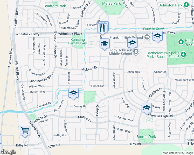 map of restaurants, bars, coffee shops, grocery stores, and more near 10156 Atkins Drive in Elk Grove