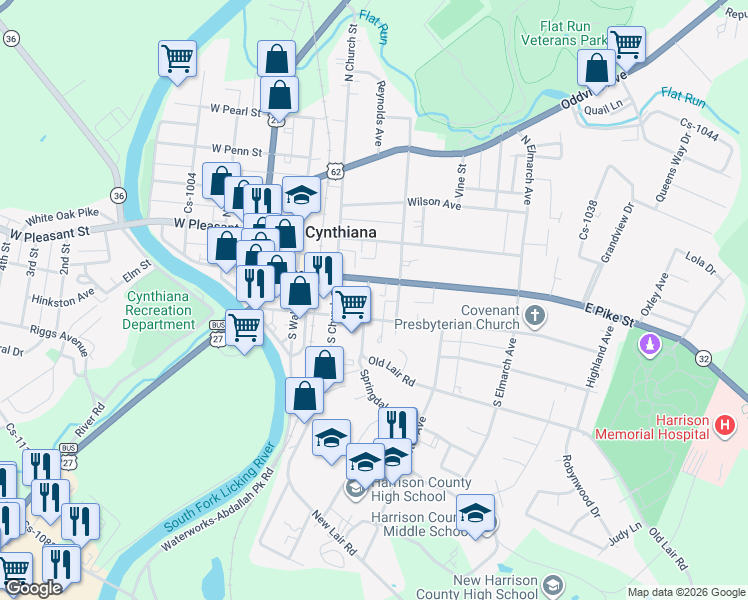 map of restaurants, bars, coffee shops, grocery stores, and more near 106 Clifton Road in Cynthiana