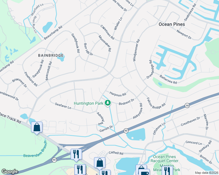 map of restaurants, bars, coffee shops, grocery stores, and more near 19 Harpoon Road in Ocean Pines