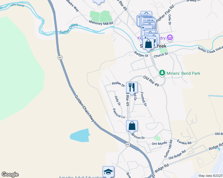 map of restaurants, bars, coffee shops, grocery stores, and more near 130 Judy Drive in Sutter Creek
