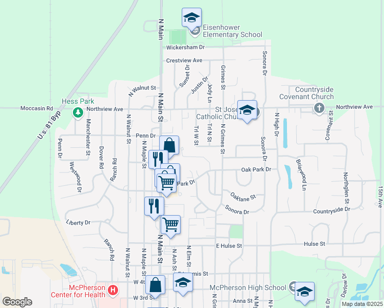 map of restaurants, bars, coffee shops, grocery stores, and more near 1423 Garden Lane in McPherson