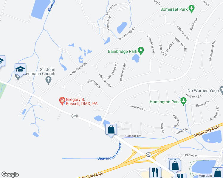 map of restaurants, bars, coffee shops, grocery stores, and more near 75 Pinehurst Road in Ocean Pines