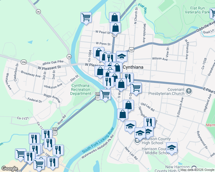 map of restaurants, bars, coffee shops, grocery stores, and more near 211 South Poplar Street in Cynthiana