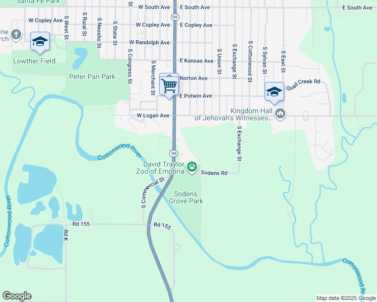 map of restaurants, bars, coffee shops, grocery stores, and more near 802 South Commercial Street in Emporia
