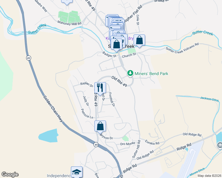 map of restaurants, bars, coffee shops, grocery stores, and more near 154 Foothill Drive in Sutter Creek