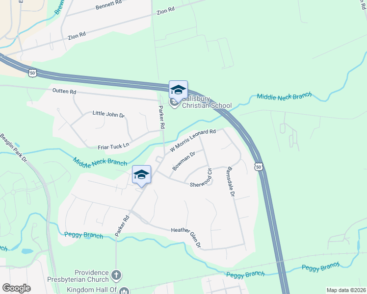 map of restaurants, bars, coffee shops, grocery stores, and more near 703 West Morris Leonard Road in Salisbury