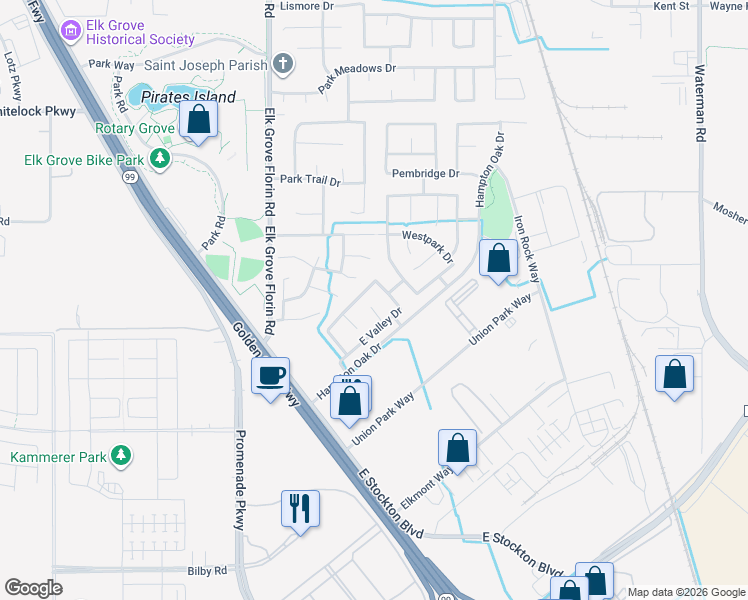 map of restaurants, bars, coffee shops, grocery stores, and more near 10169 Archley Court in Elk Grove