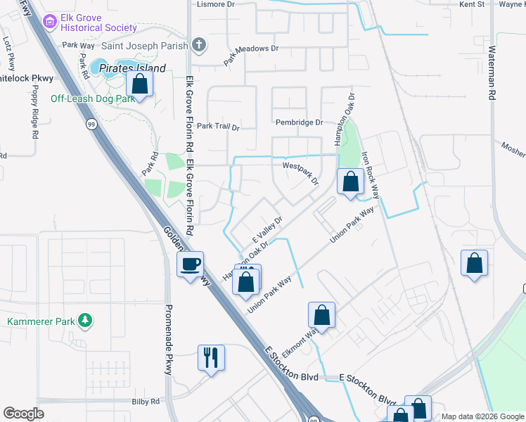 map of restaurants, bars, coffee shops, grocery stores, and more near 10169 Archley Court in Elk Grove