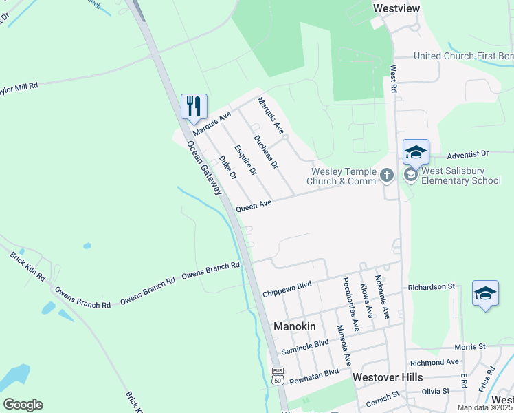 map of restaurants, bars, coffee shops, grocery stores, and more near 1018 Queen Avenue in Salisbury