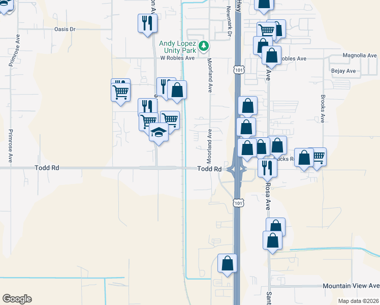 map of restaurants, bars, coffee shops, grocery stores, and more near 3669 Moorland Avenue in Santa Rosa