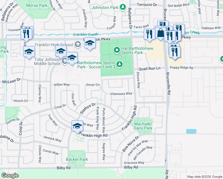 map of restaurants, bars, coffee shops, grocery stores, and more near 6713 Vilamoura Way in Elk Grove