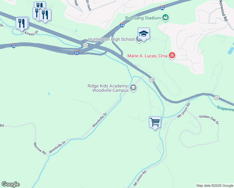 map of restaurants, bars, coffee shops, grocery stores, and more near 3369 Woodville Drive in Huntington