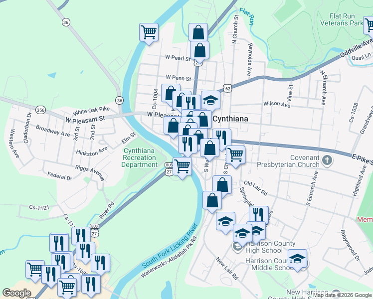 map of restaurants, bars, coffee shops, grocery stores, and more near 211 South Poplar Street in Cynthiana
