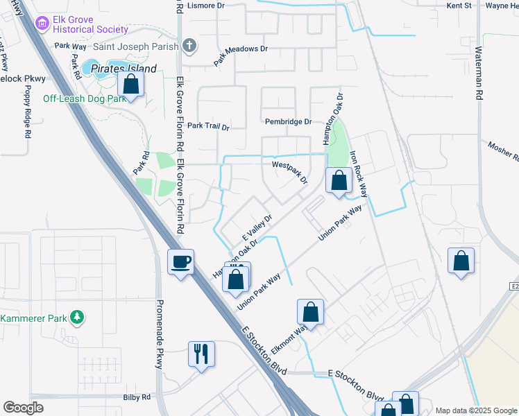 map of restaurants, bars, coffee shops, grocery stores, and more near 10103 Gatemont Circle in Elk Grove