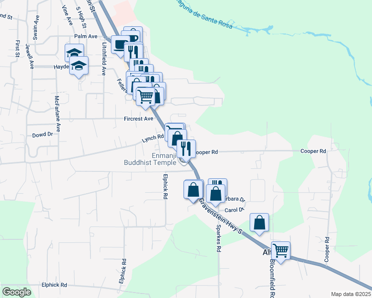 map of restaurants, bars, coffee shops, grocery stores, and more near 1190a Gravenstein Highway South in Sebastopol