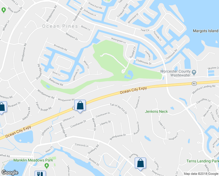 map of restaurants, bars, coffee shops, grocery stores, and more near 268 Windjammer Road in Ocean Pines