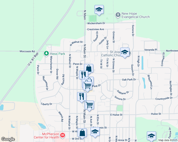map of restaurants, bars, coffee shops, grocery stores, and more near 1460 North Main Street in McPherson