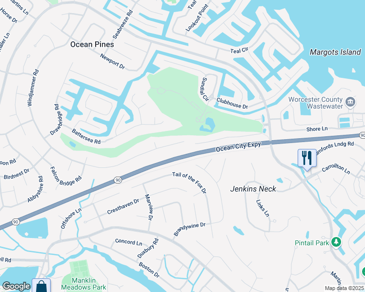map of restaurants, bars, coffee shops, grocery stores, and more near 274 Windjammer Road in Ocean Pines