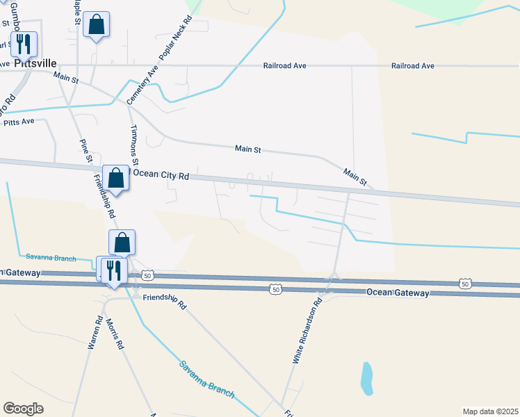 map of restaurants, bars, coffee shops, grocery stores, and more near Chatham Manor Way in Pittsville